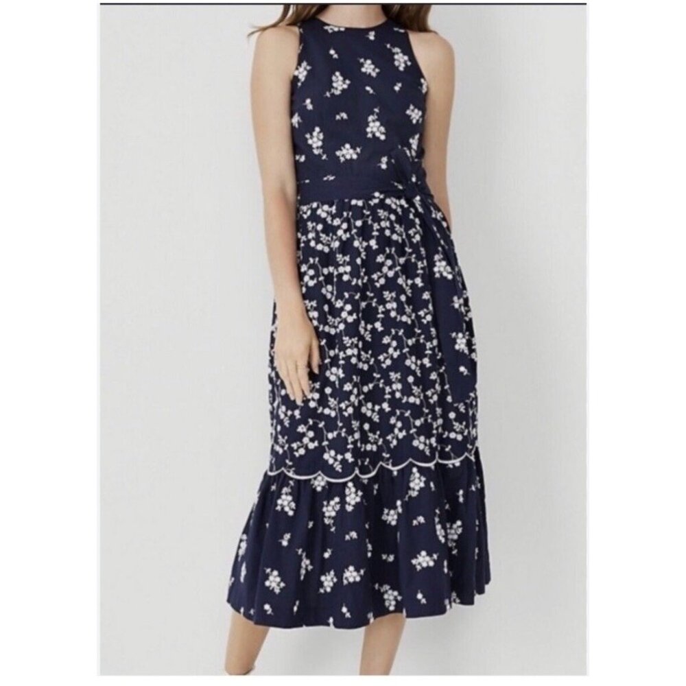 Ann Taylor Size 10P Navy Blue Floral Embroidered Midi Dress 100% Cotton Cottage - Picture 2 of 16
